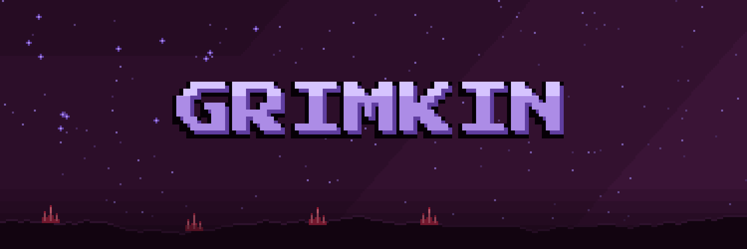GRIMKIN in lavender pixel letters over a starry night sky and crimson crystals